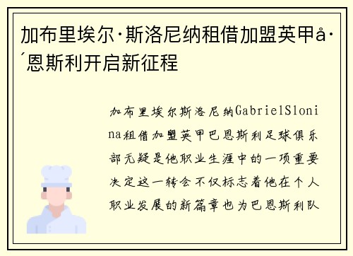 加布里埃尔·斯洛尼纳租借加盟英甲巴恩斯利开启新征程