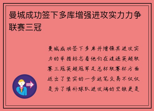 曼城成功签下多库增强进攻实力力争联赛三冠